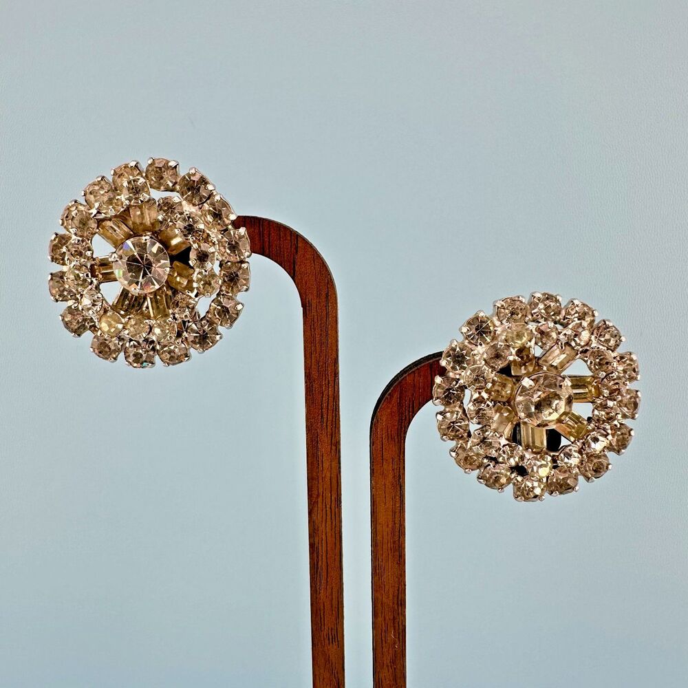 Vintage Rhinestone Earrings Silver Tone Round Cluster Baguette Prong Set Clip On
